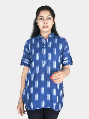 Riyashree Women’s Ikat Cotton Short Kurti, Casual Tunic Tops for Women | Kurta for Women with Mandarin Collar | Casual Wear, Office Wear, Home, College Wear
